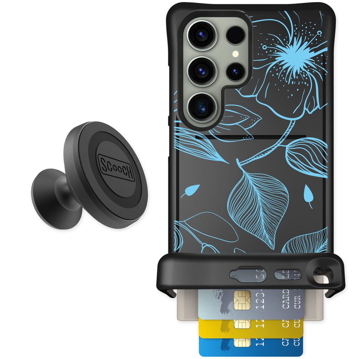 Scooch Wingmate Blue Hibiscus for Galaxy S24 Ultra — Starter Bundle