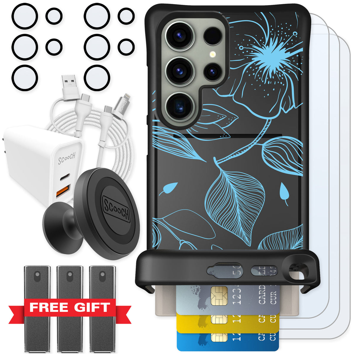 Scooch Wingmate Blue Hibiscus for Galaxy S24 Ultra — Ultimate Bundle