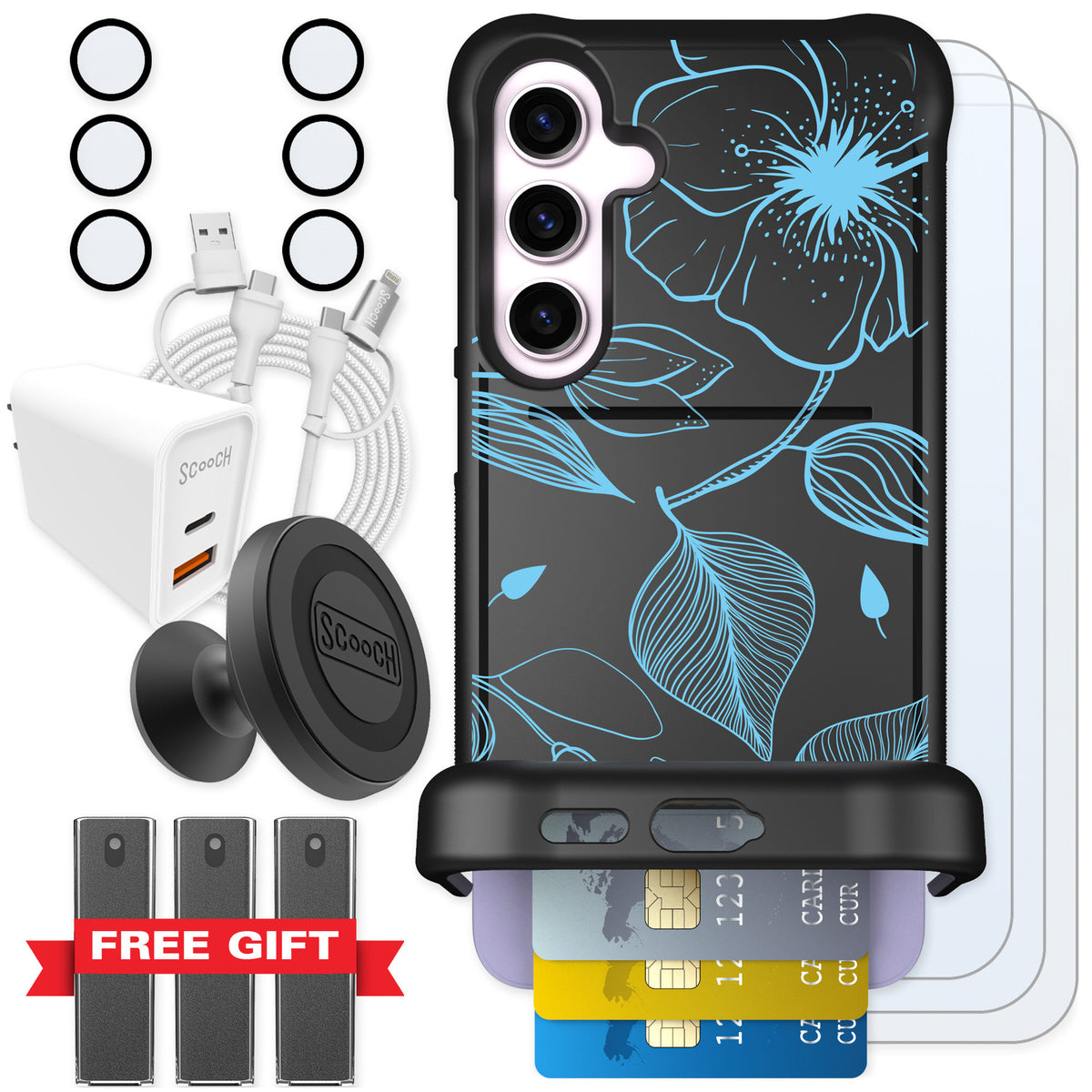 Scooch Wingmate Blue Hibiscus for Galaxy S24+ — Ultimate Bundle