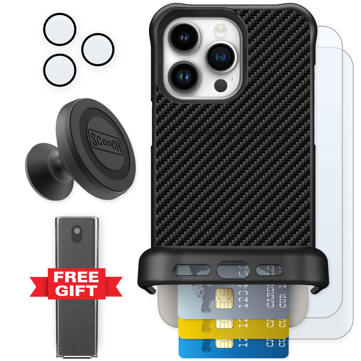 Scooch Wingmate Carbon Fiber for iPhone 15 Pro Max — Defender Bundle