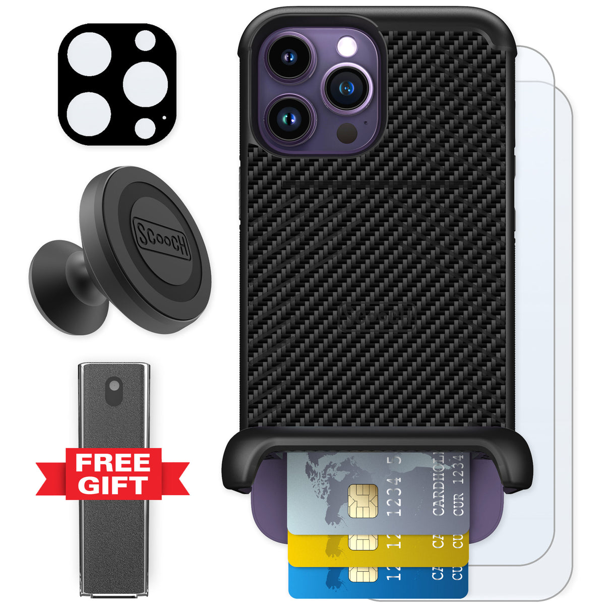 Scooch Wingmate Carbon Fiber for iPhone 14 Pro Max — Defender Bundle