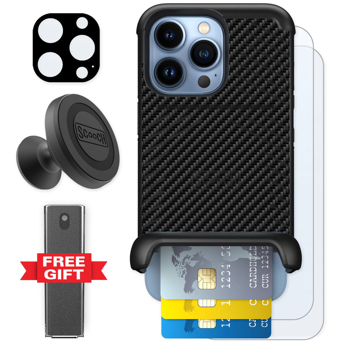 Scooch Wingmate Carbon Fiber for iPhone 13 Pro — Defender Bundle