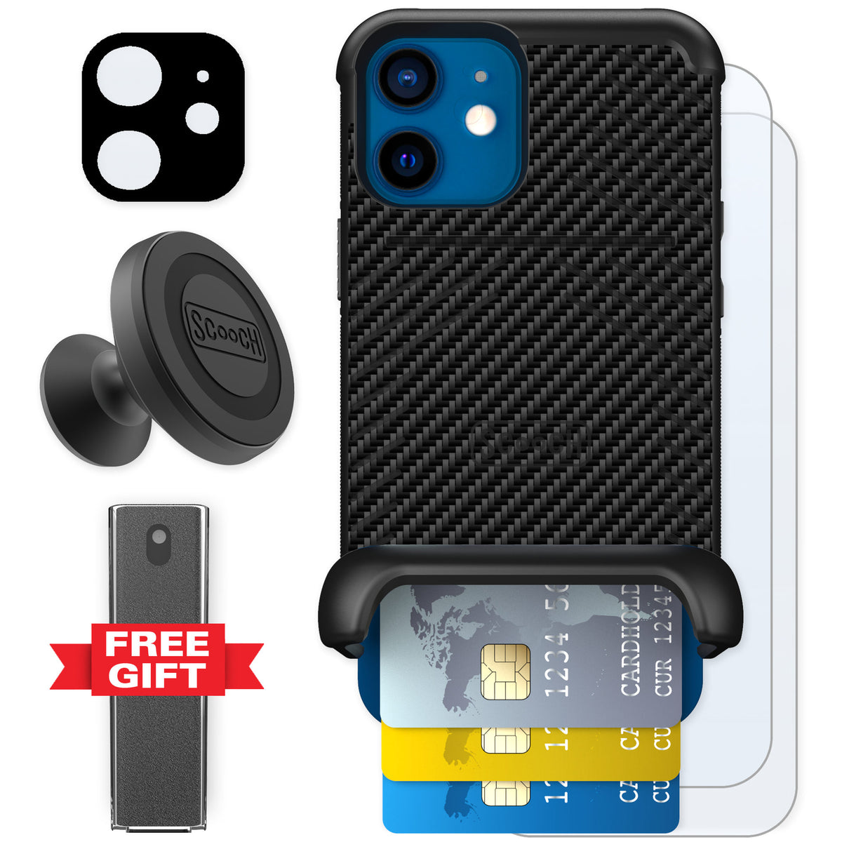 Scooch Wingmate Carbon Fiber for iPhone 12 mini — Defender Bundle