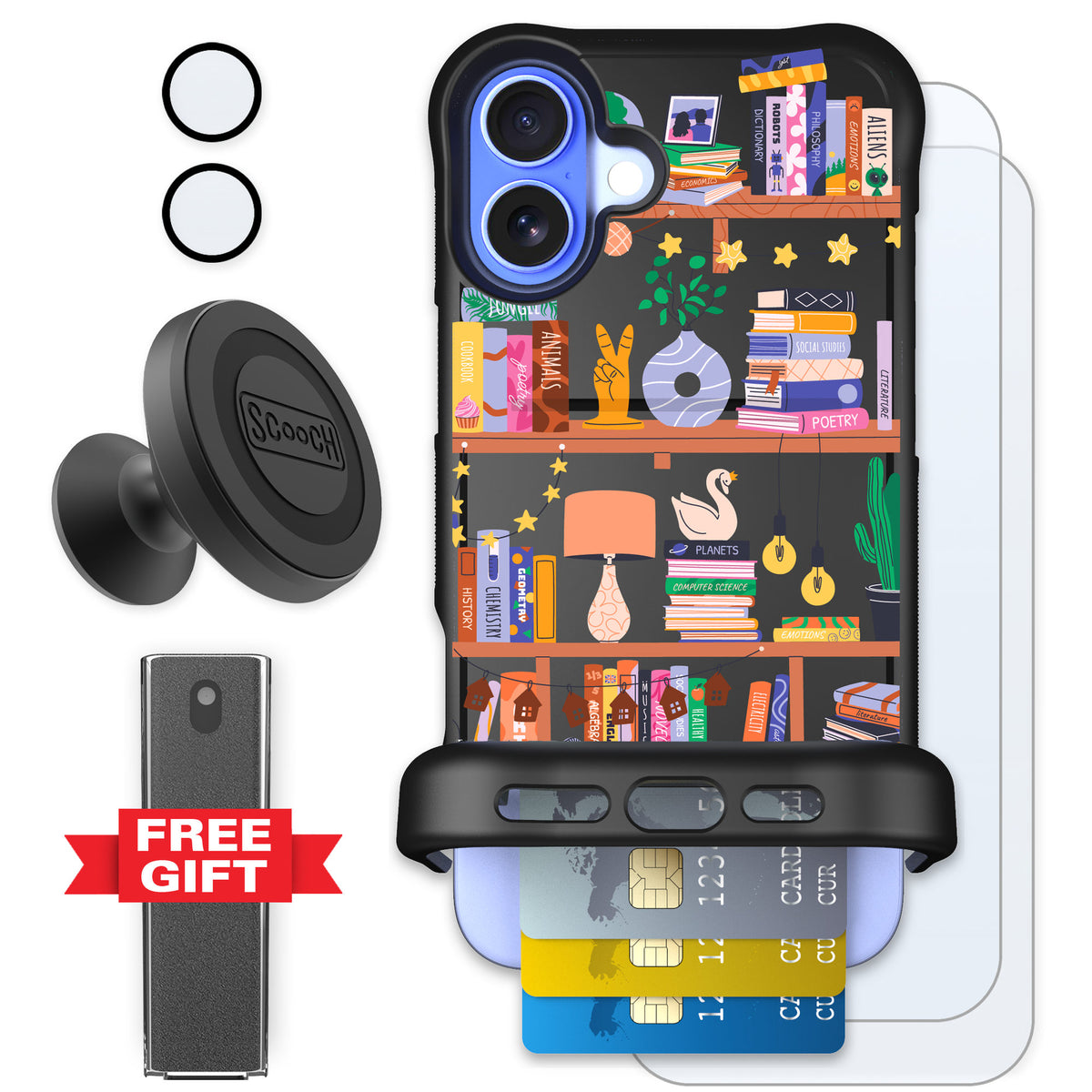 Scooch Wingmate Little Library for iPhone 16 Plus — Defender Bundle