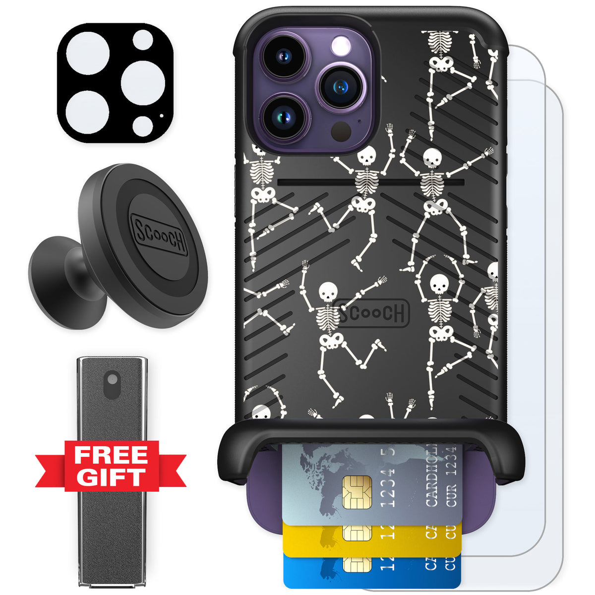 Scooch Wingmate Swinging Skeletons for iPhone 14 Pro Max — Defender Bundle