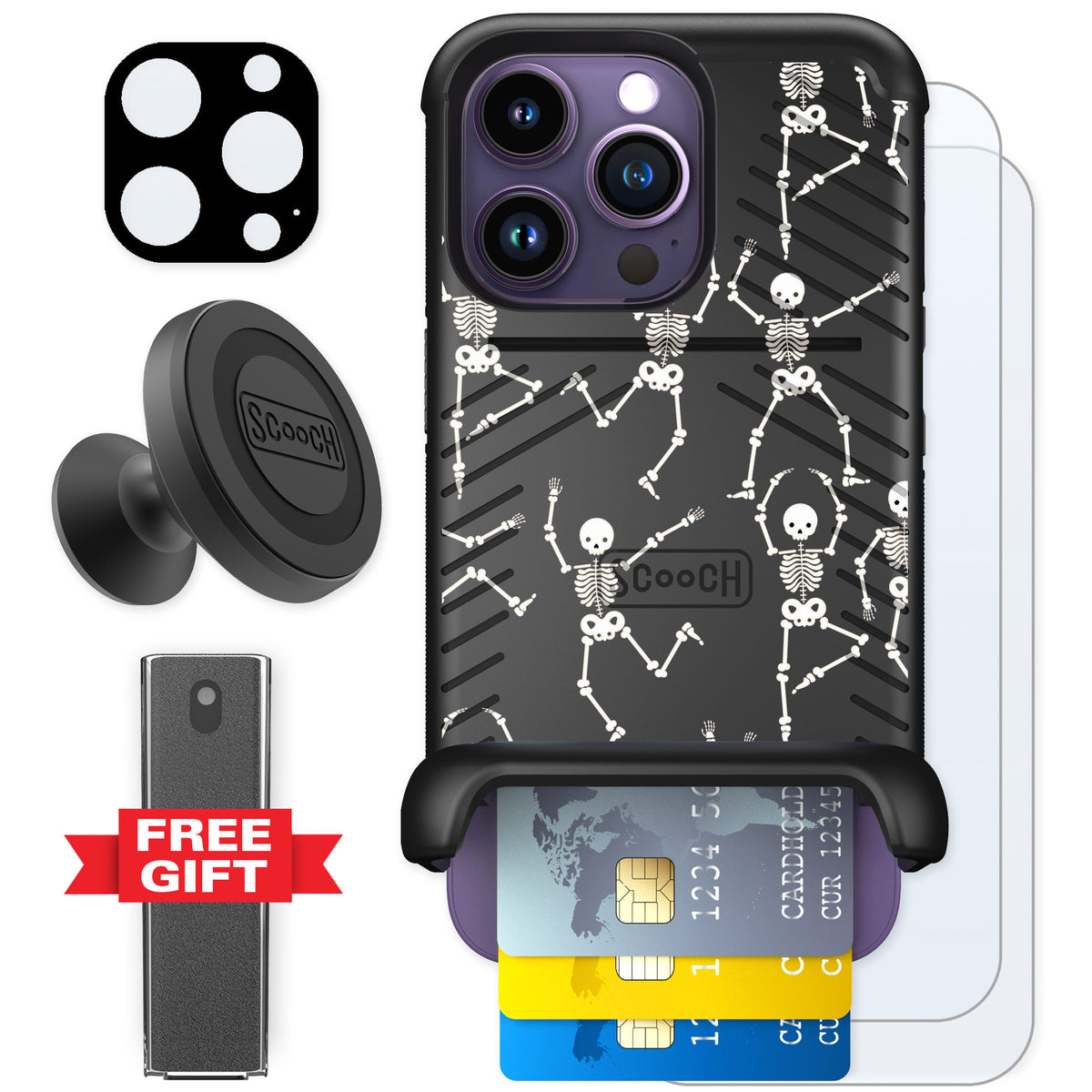 Scooch Wingmate Swinging Skeletons for iPhone 14 Pro — Defender Bundle
