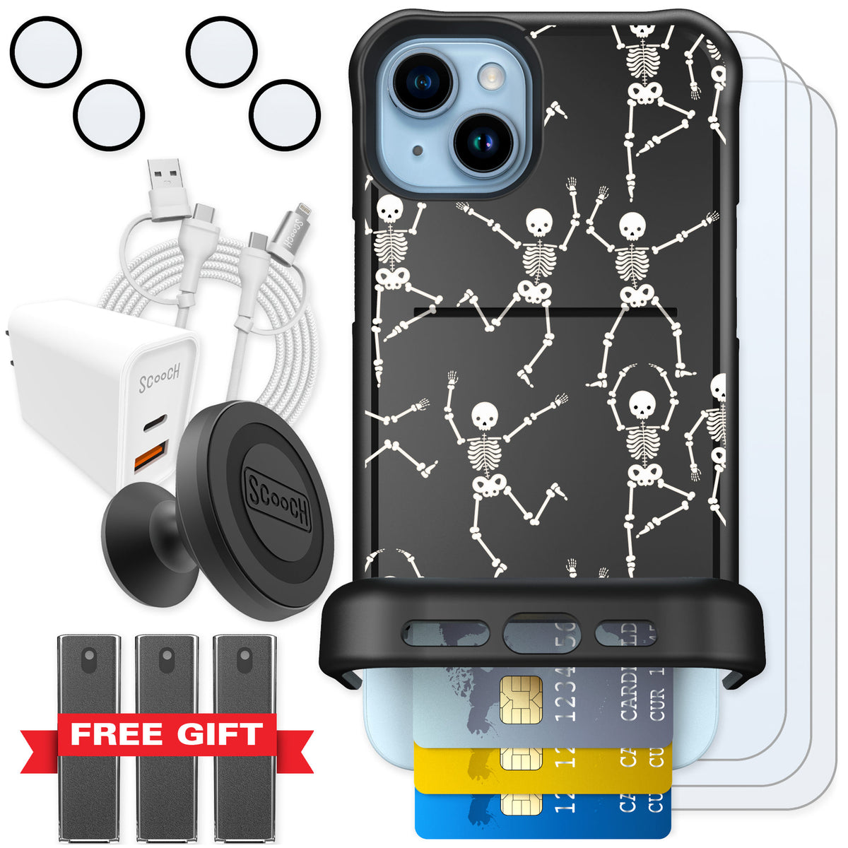 Scooch Wingmate Swinging Skeletons for iPhone 14 Plus — Ultimate Bundle