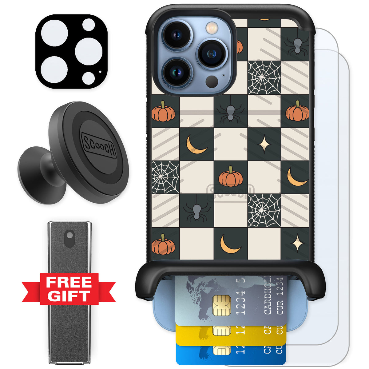 Scooch Wingmate Spooky Squares for iPhone 13 Pro Max — Defender Bundle