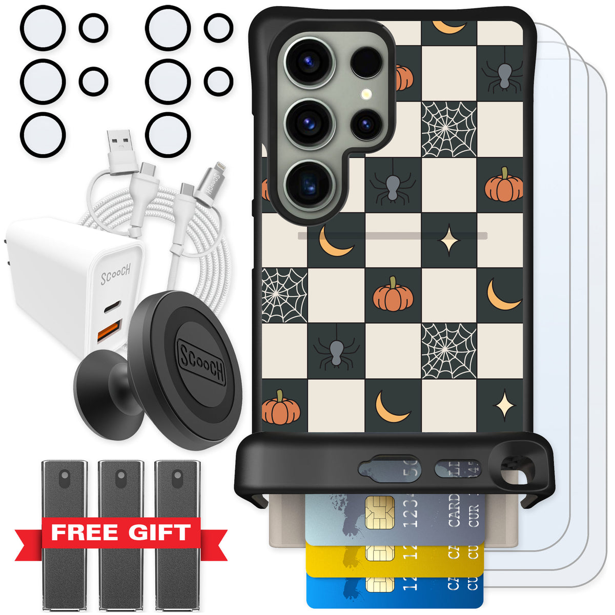 Scooch Wingmate Spooky Squares for Galaxy S24 Ultra — Ultimate Bundle