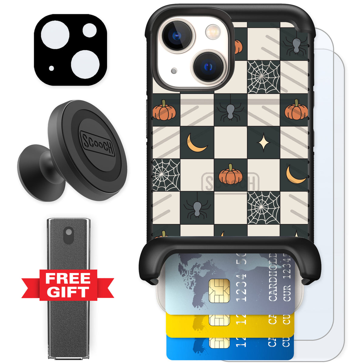Scooch Wingmate Spooky Squares for iPhone 13 mini — Defender Bundle