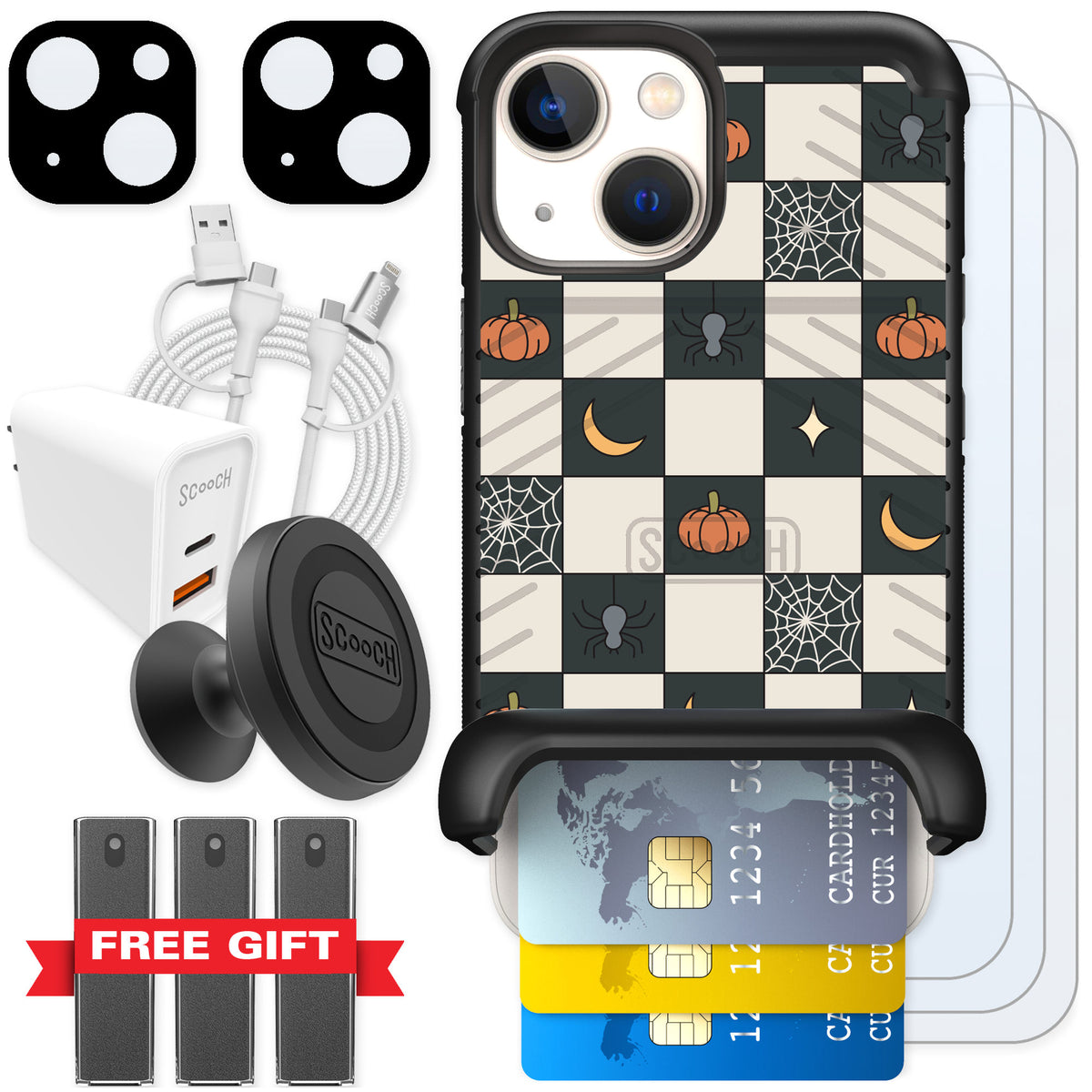 Scooch Wingmate Spooky Squares for iPhone 13 mini — Ultimate Bundle