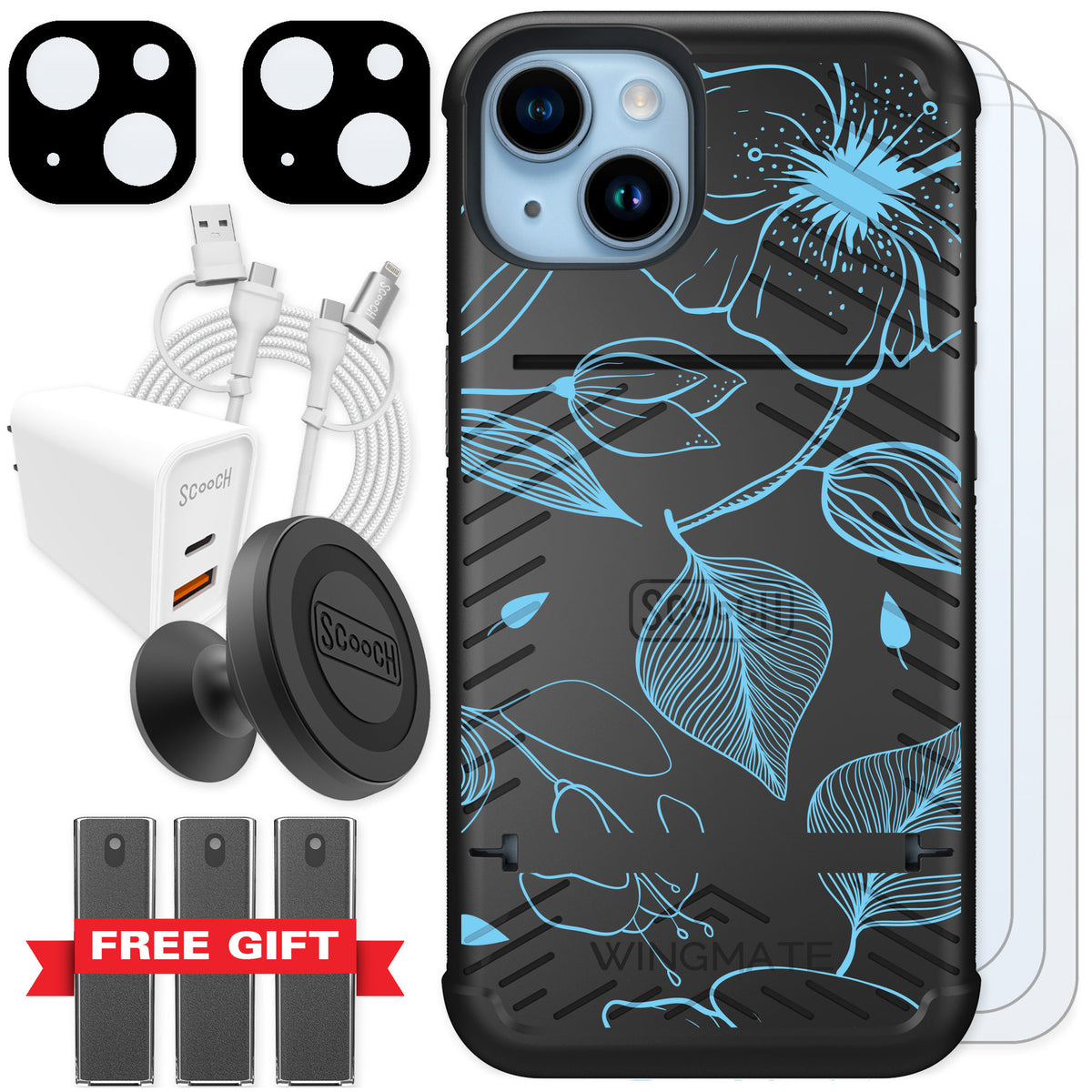 Scooch Wingmate Blue Hibiscus for iPhone 14 — Ultimate Bundle