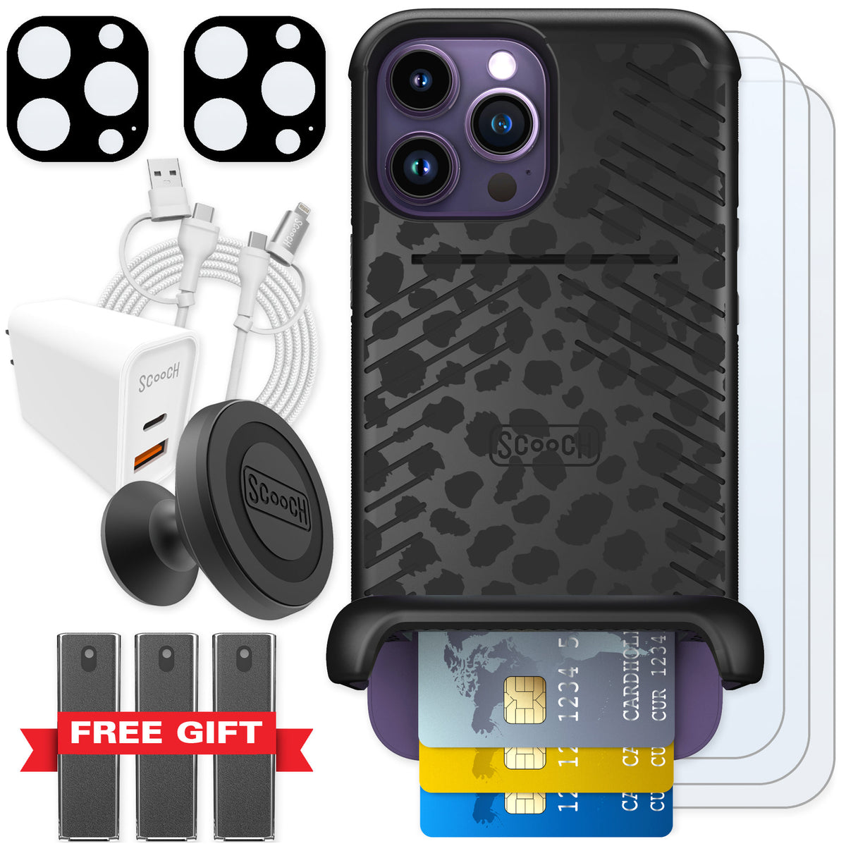 Scooch Wingmate Black Leopard for iPhone 14 Pro Max β Ultimate Bundle