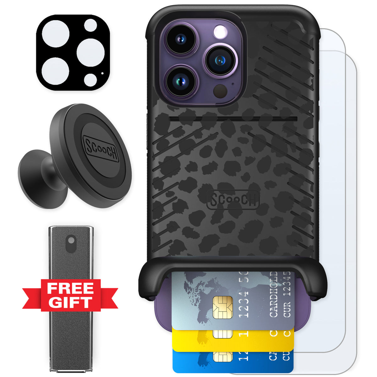 Scooch Wingmate Black Leopard for iPhone 14 Pro β Defender Bundle