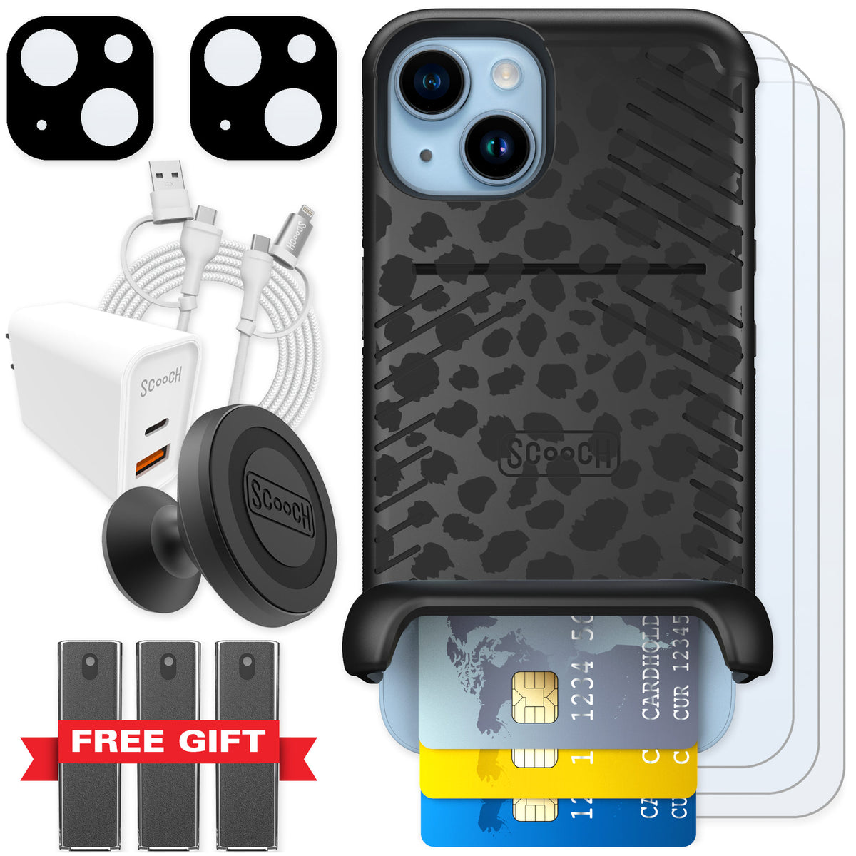 Scooch Wingmate Black Leopard for iPhone 14 β Ultimate Bundle