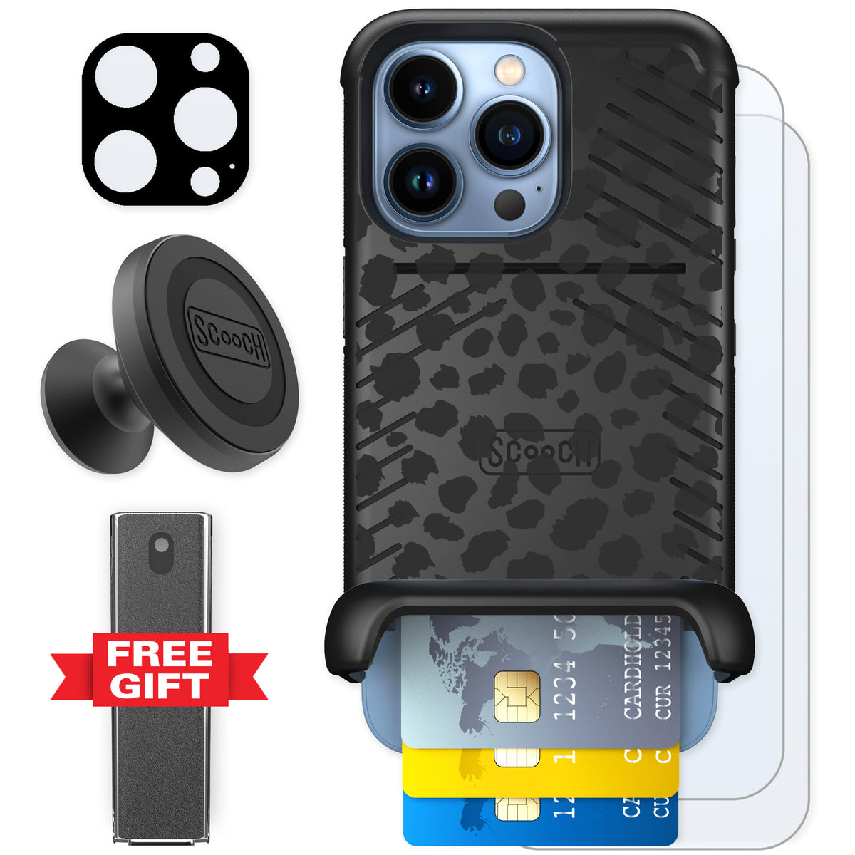 Scooch Wingmate Black Leopard for iPhone 13 Pro β Defender Bundle