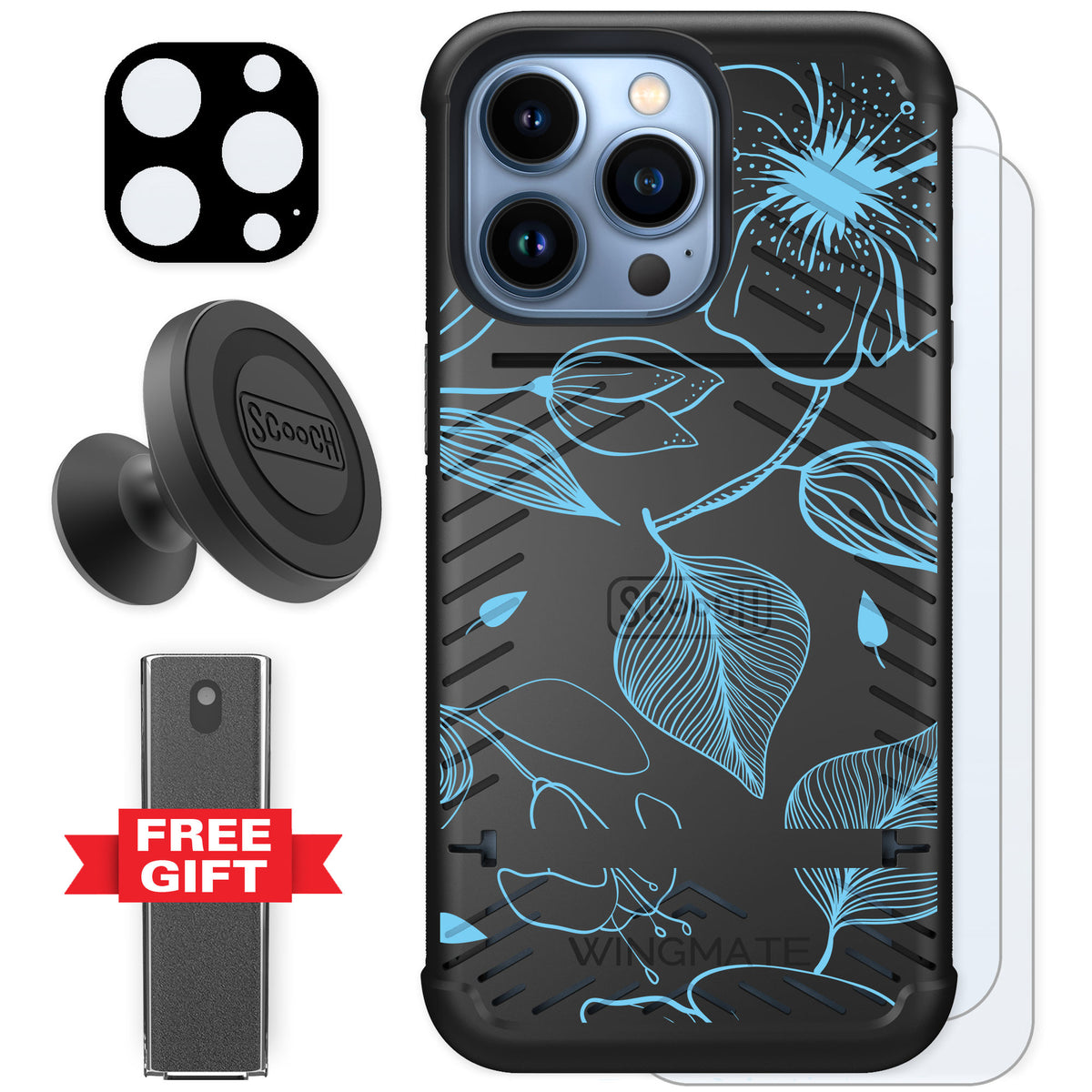 Scooch Wingmate Blue Hibiscus for iPhone 13 Pro — Defender Bundle
