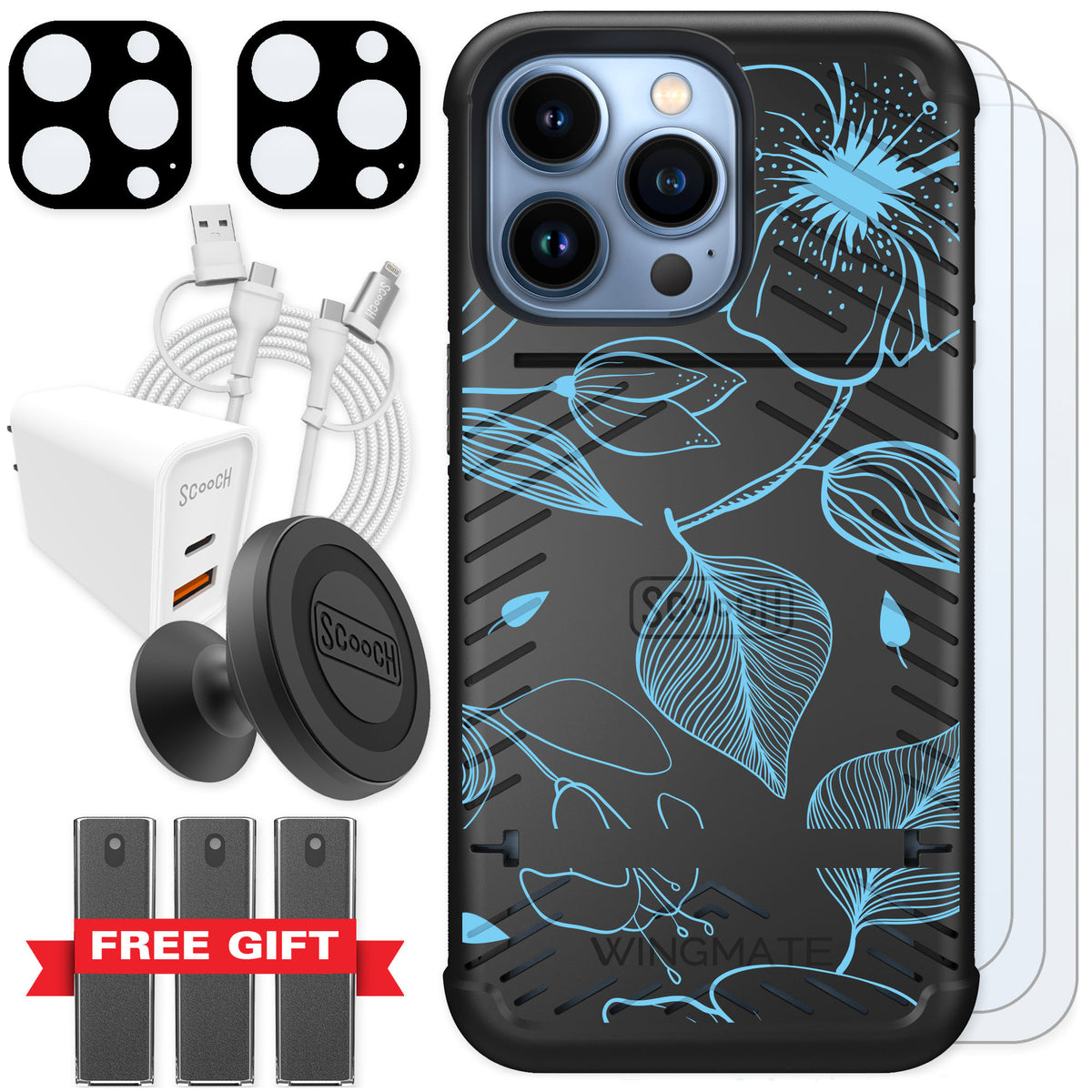 Scooch Wingmate Blue Hibiscus for iPhone 13 Pro — Ultimate Bundle
