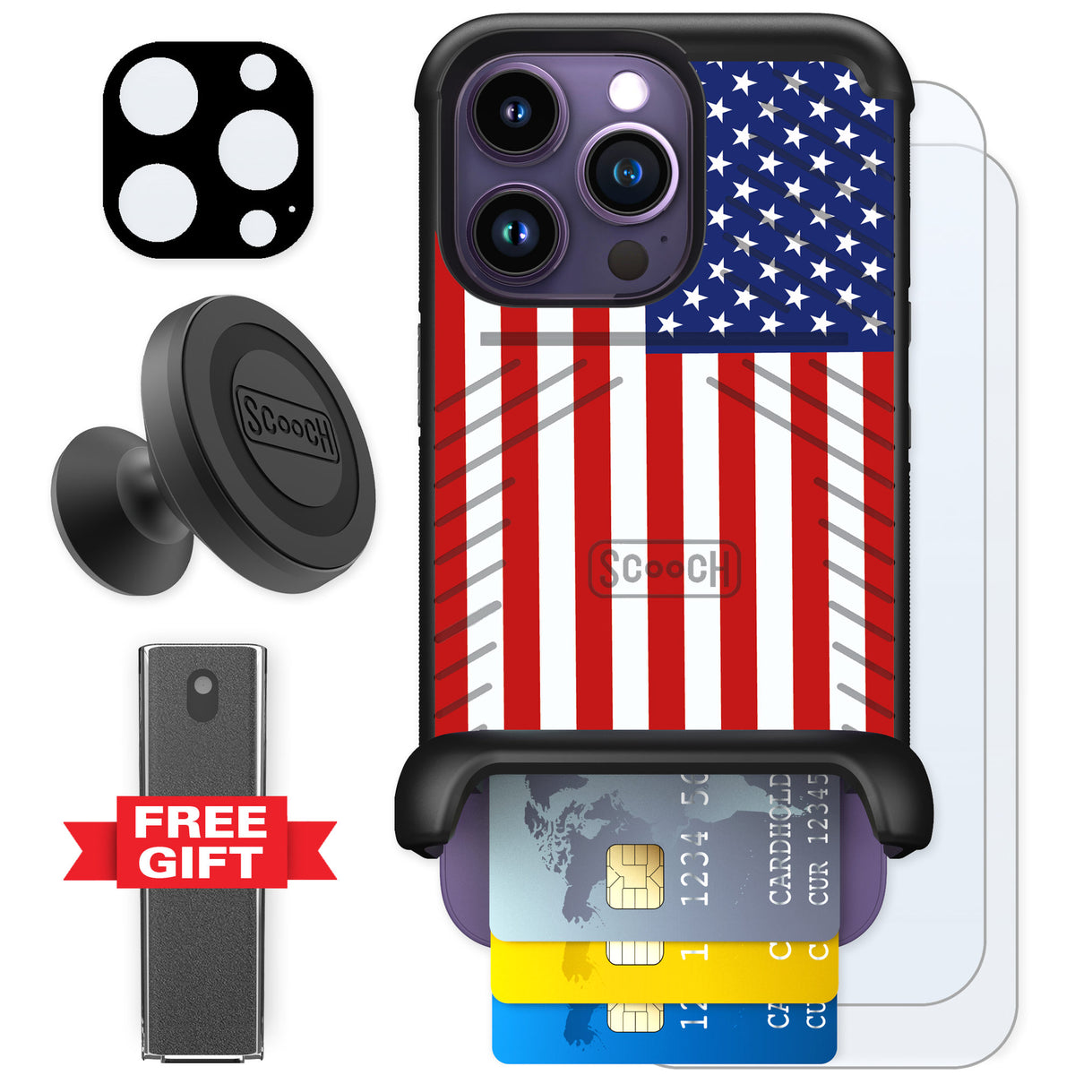 Scooch Wingmate Stars And Stripes for iPhone 14 Pro β Defender Bundle