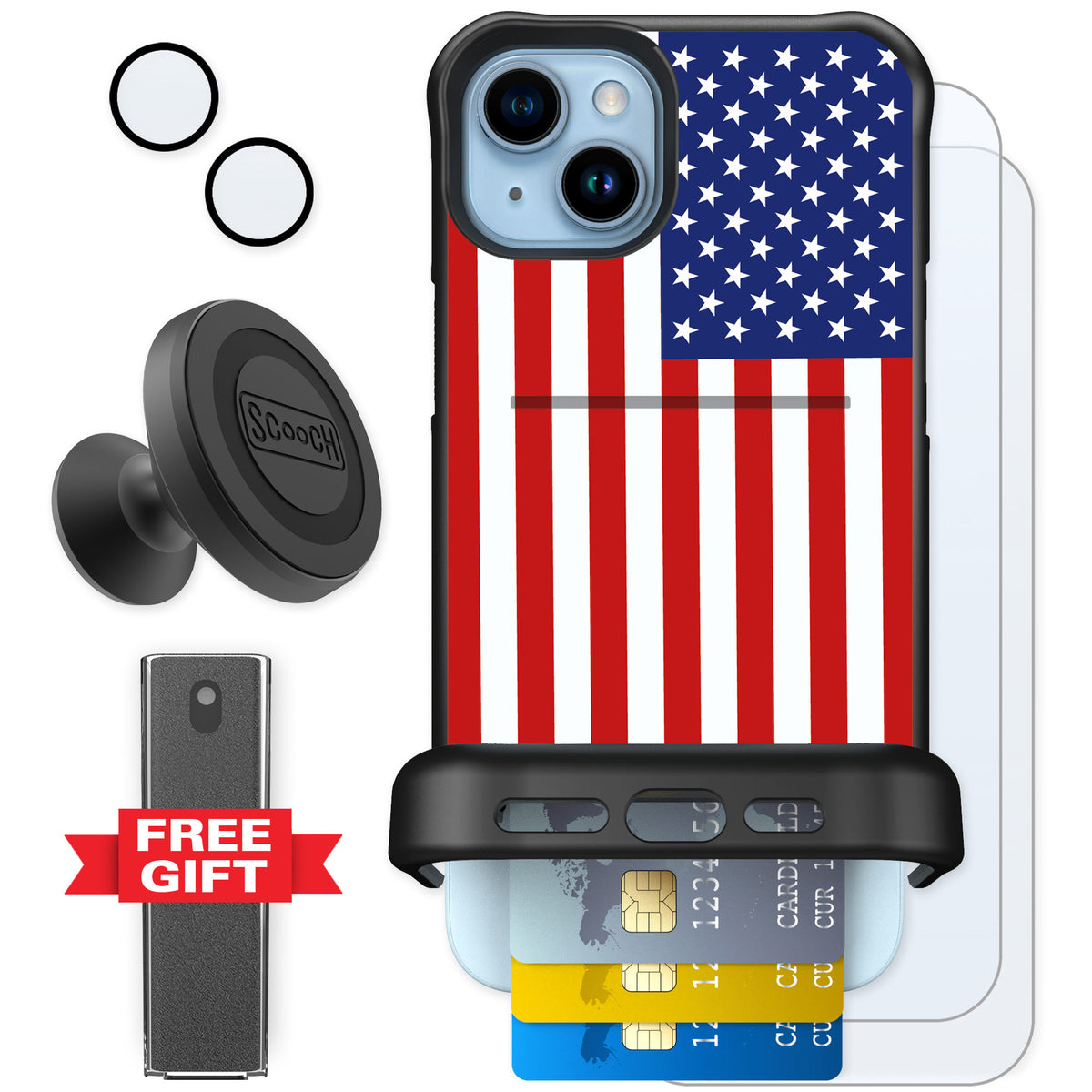 Scooch Wingmate Stars And Stripes for iPhone 14 Plus β Defender Bundle