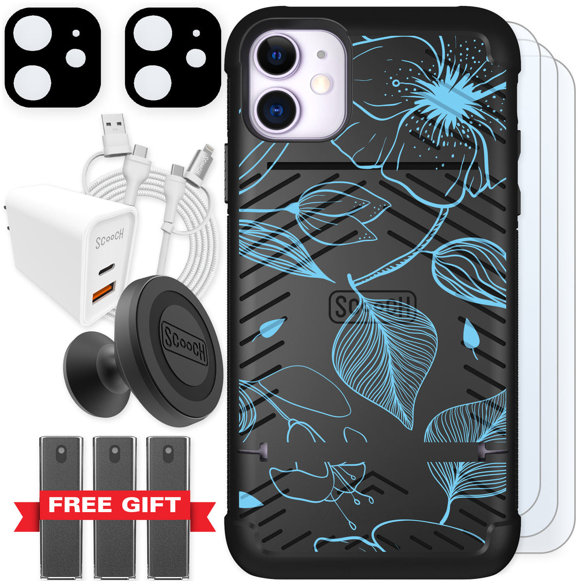 Scooch Wingmate Blue Hibiscus for iPhone 11 — Ultimate Bundle