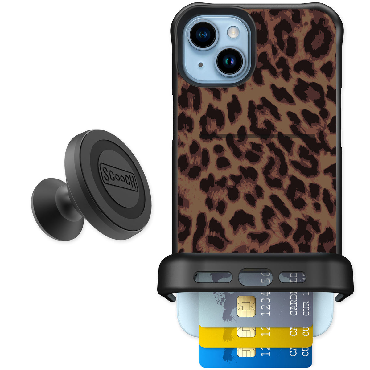 Scooch Wingmate Luxe Leopard for iPhone 15 Plus — Starter Bundle