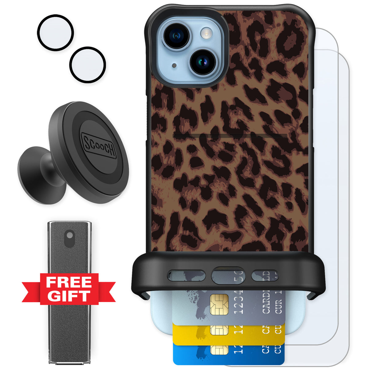 Scooch Wingmate Luxe Leopard for iPhone 15 Plus — Defender Bundle