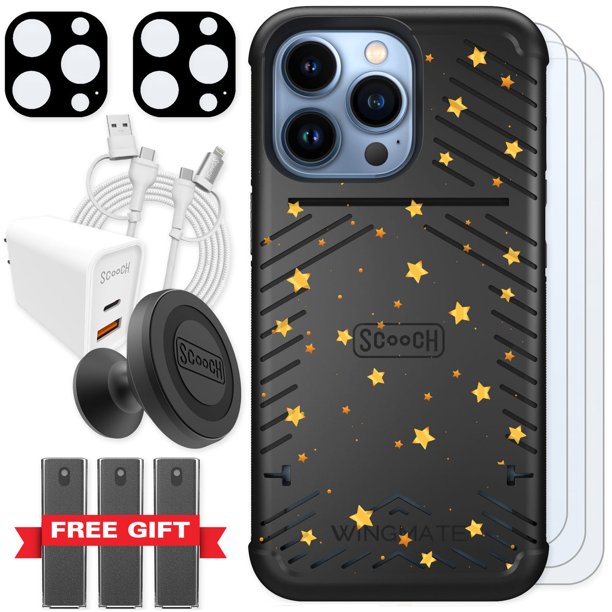 Scooch Wingmate Gold Stars for iPhone 13 Pro β Ultimate Bundle