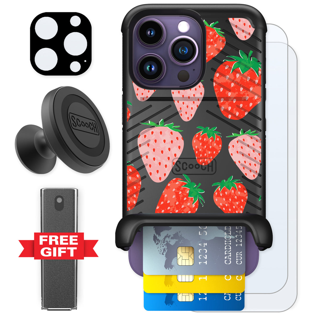 Scooch Wingmate Strawberry Fields for iPhone 14 Pro — Defender Bundle
