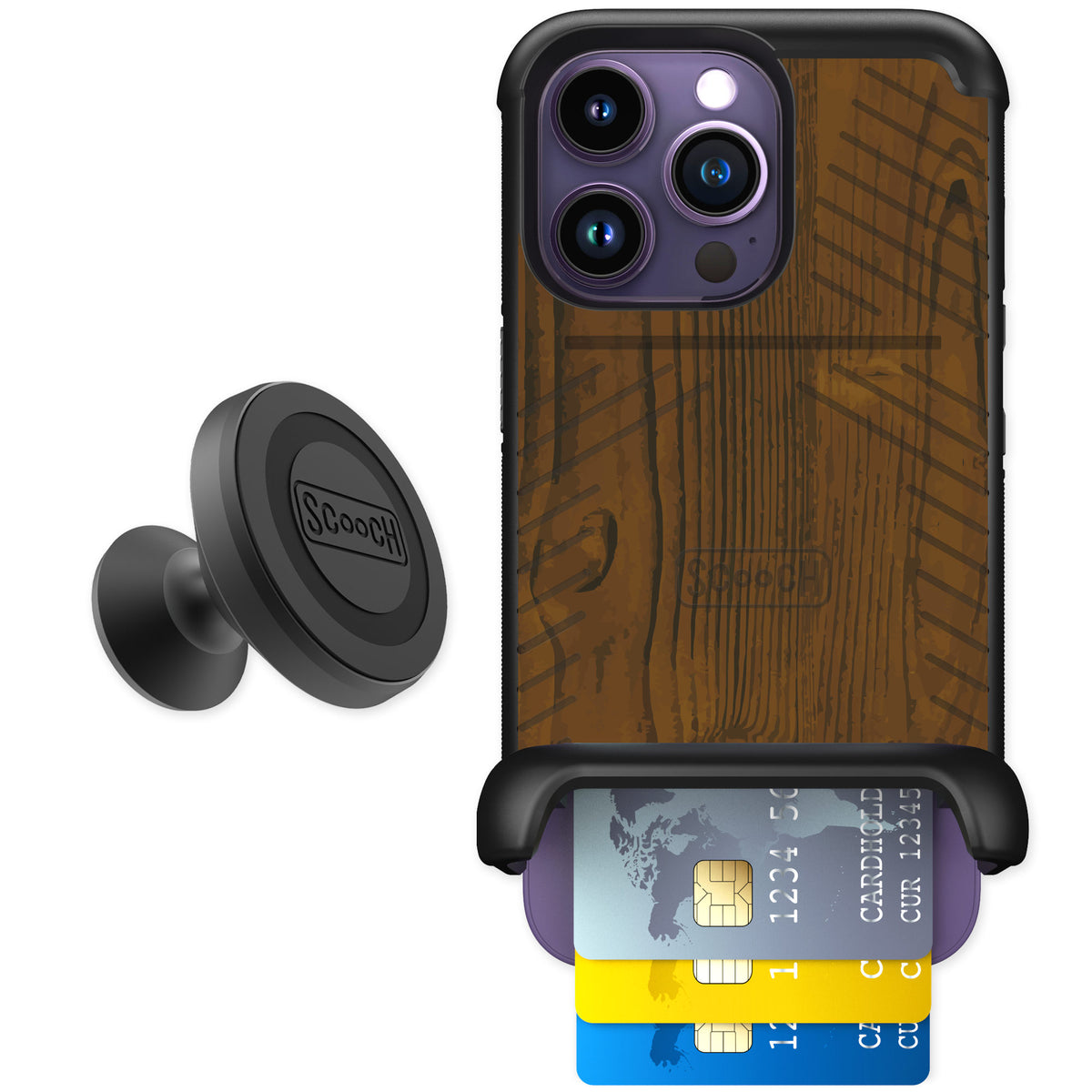 Scooch Wingmate Wood Grain for iPhone 14 Pro — Starter Bundle