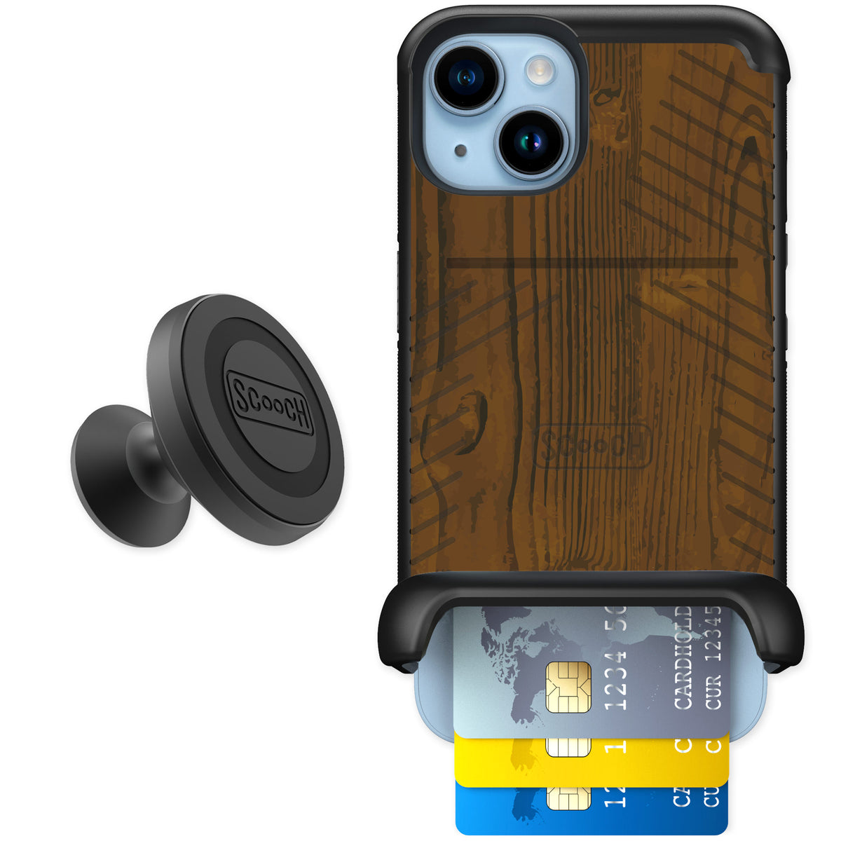 Scooch Wingmate Wood Grain for iPhone 14 — Starter Bundle