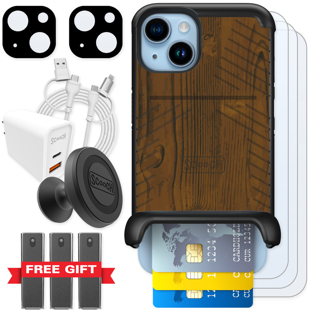 Scooch Wingmate Wood Grain for iPhone 14 — Ultimate Bundle