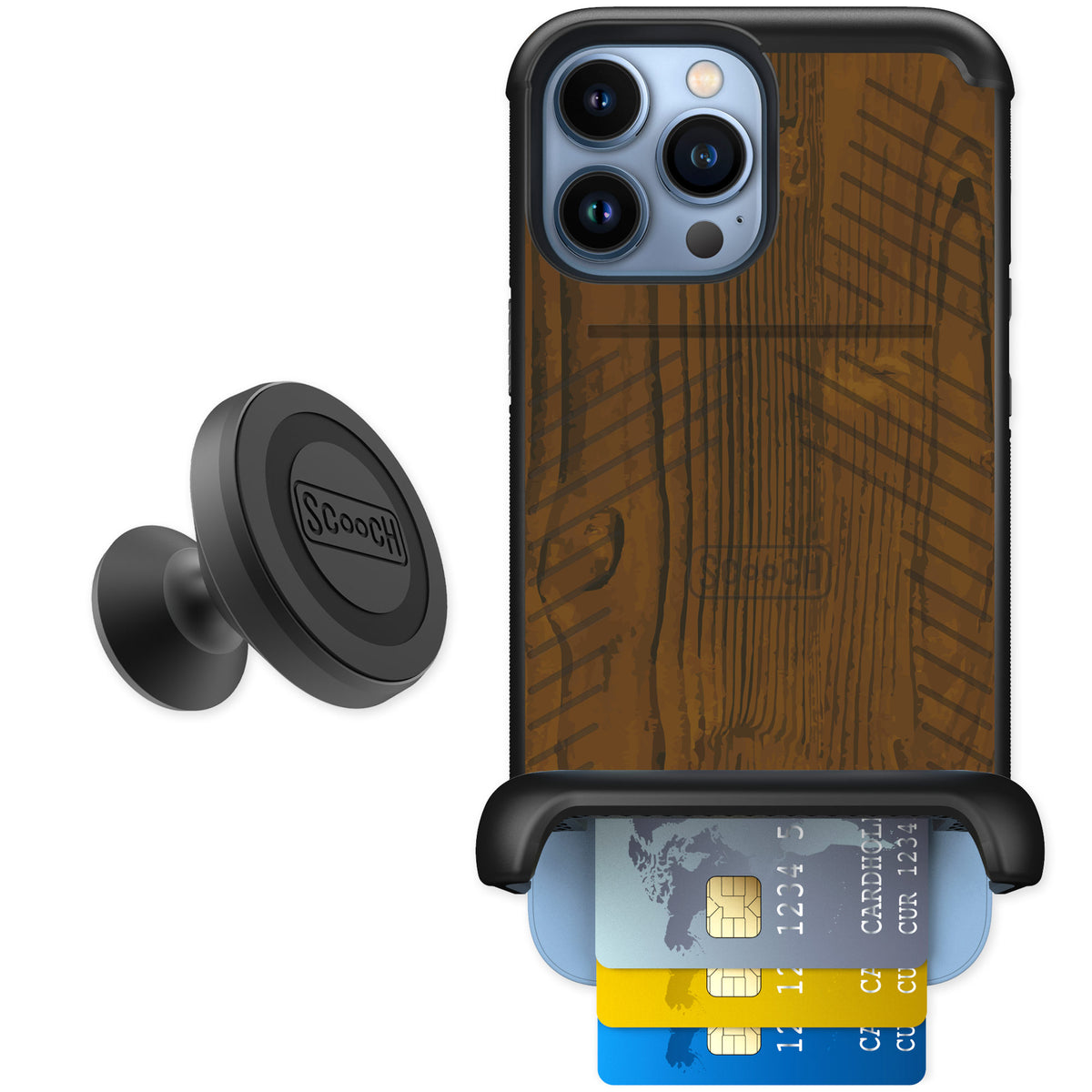 Scooch Wingmate Wood Grain for iPhone 13 Pro Max — Starter Bundle