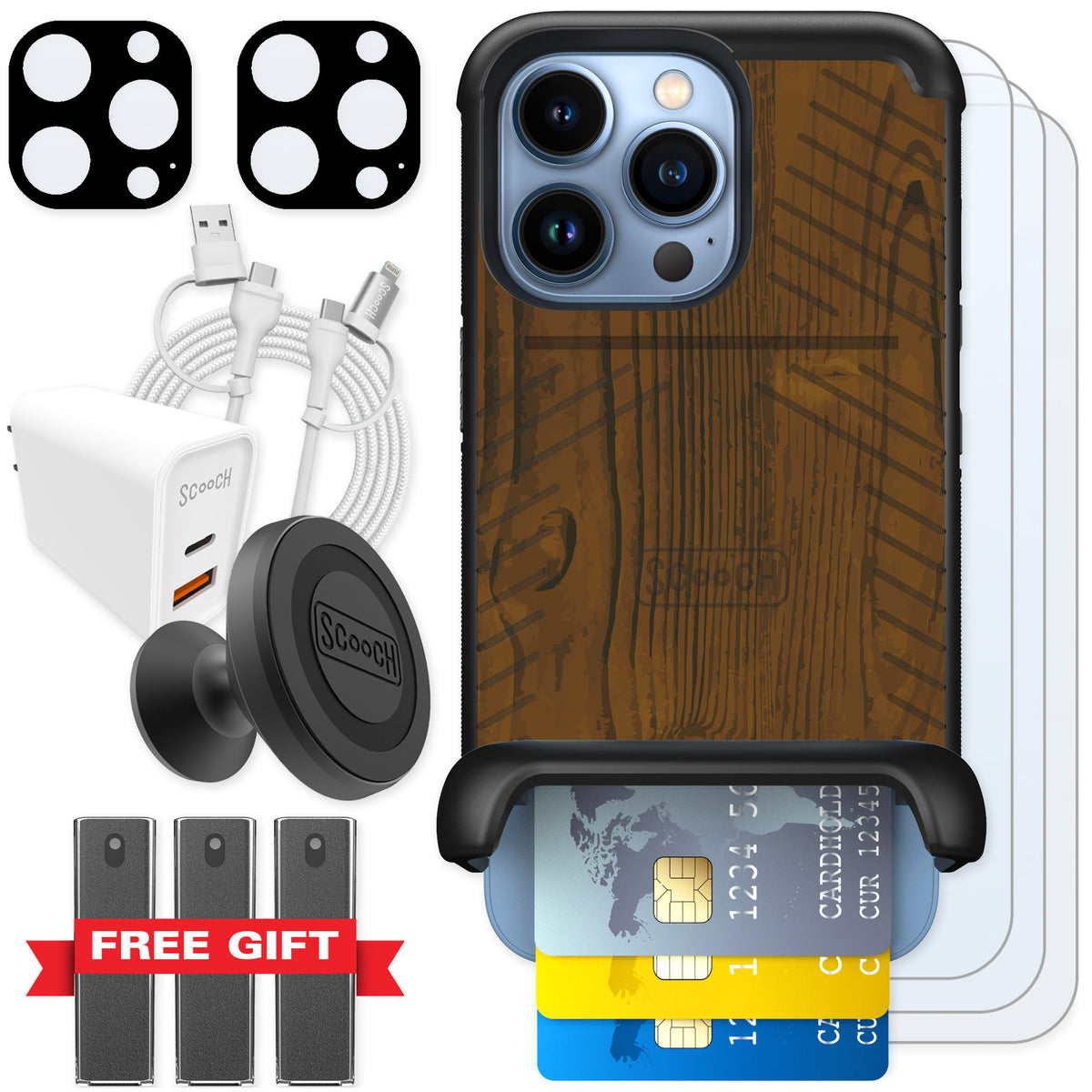 Scooch Wingmate Wood Grain for iPhone 13 Pro — Ultimate Bundle