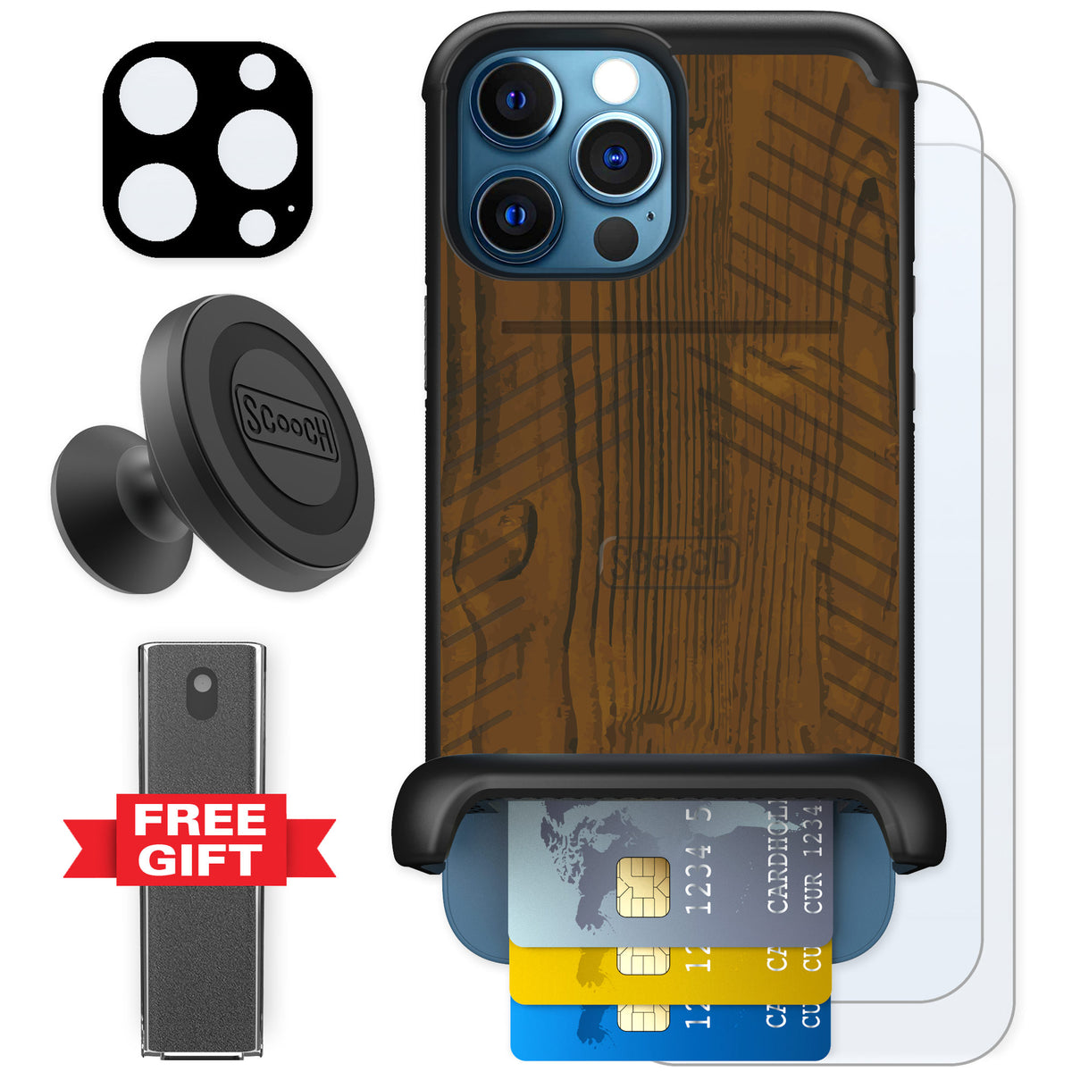 Scooch Wingmate Wood Grain for iPhone 12 Pro — Defender Bundle