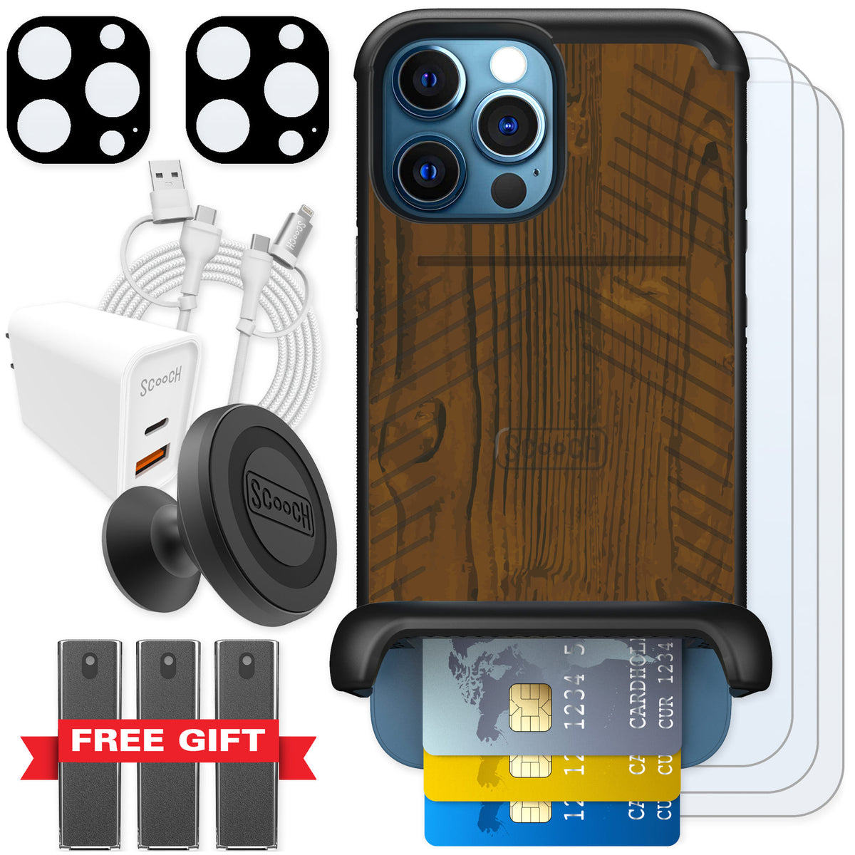 Scooch Wingmate Wood Grain for iPhone 12 Pro — Ultimate Bundle