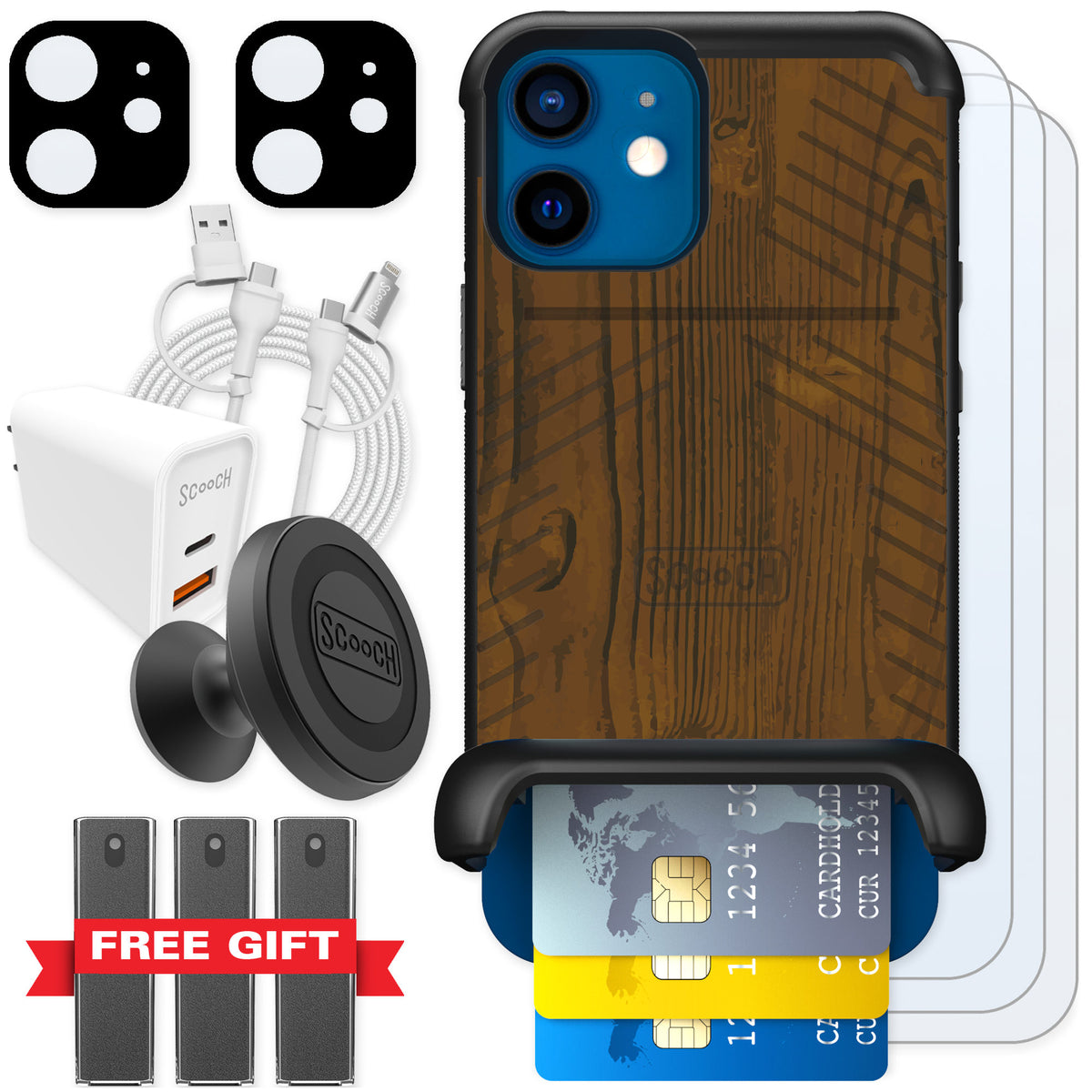 Scooch Wingmate Wood Grain for iPhone 12 — Ultimate Bundle