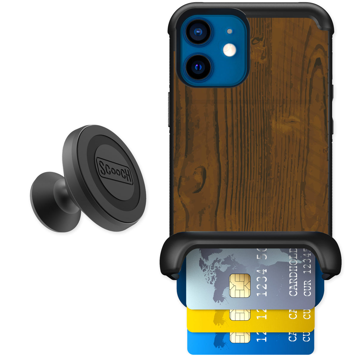 Scooch Wingmate Wood Grain for iPhone 12 mini — Starter Bundle