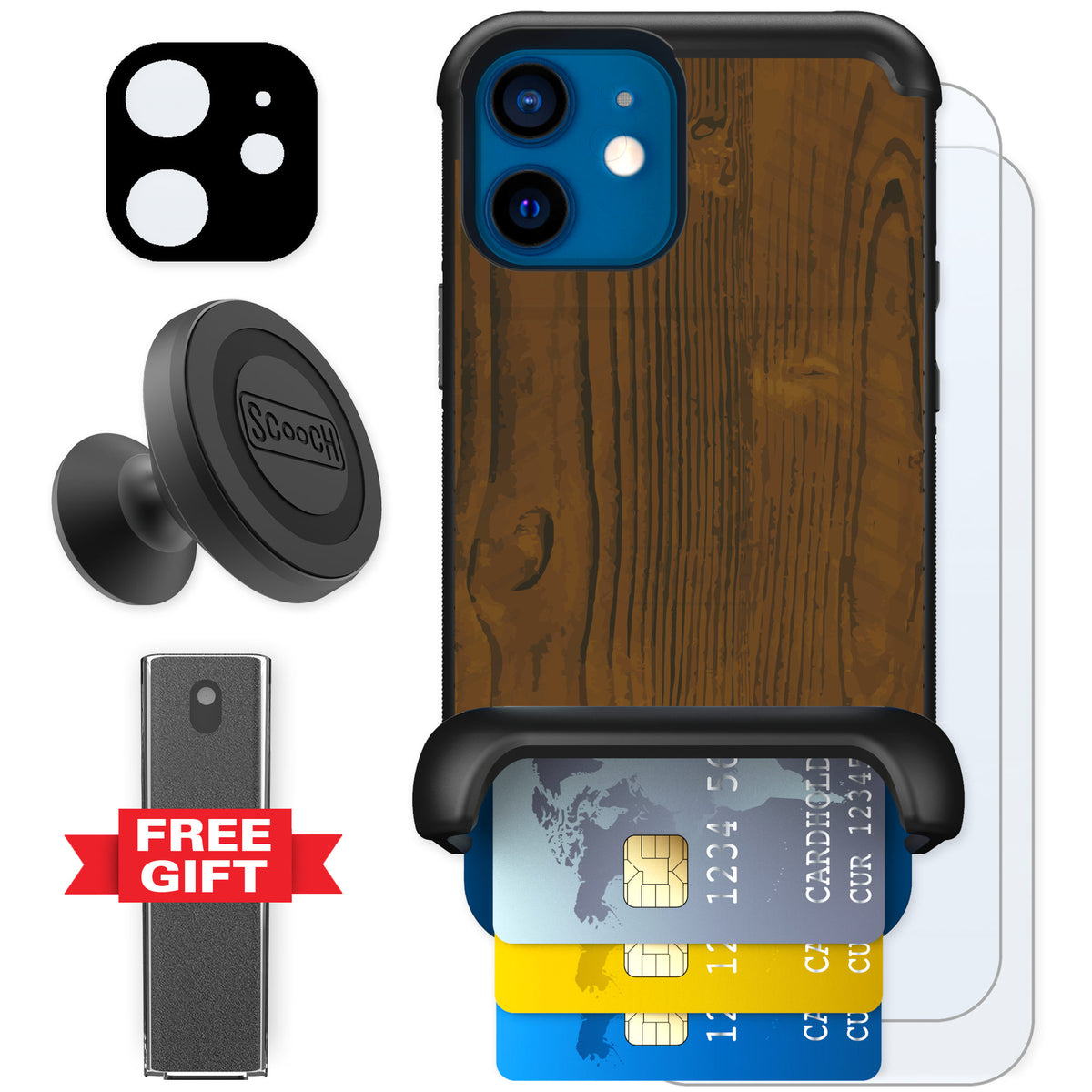 Scooch Wingmate Wood Grain for iPhone 12 mini — Defender Bundle