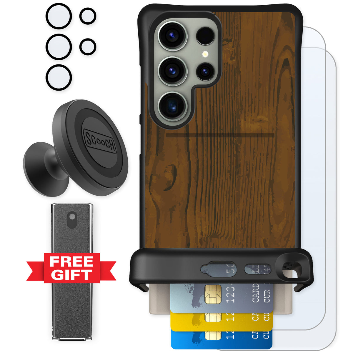 Scooch Wingmate Wood Grain for Galaxy S24 Ultra — Defender Bundle