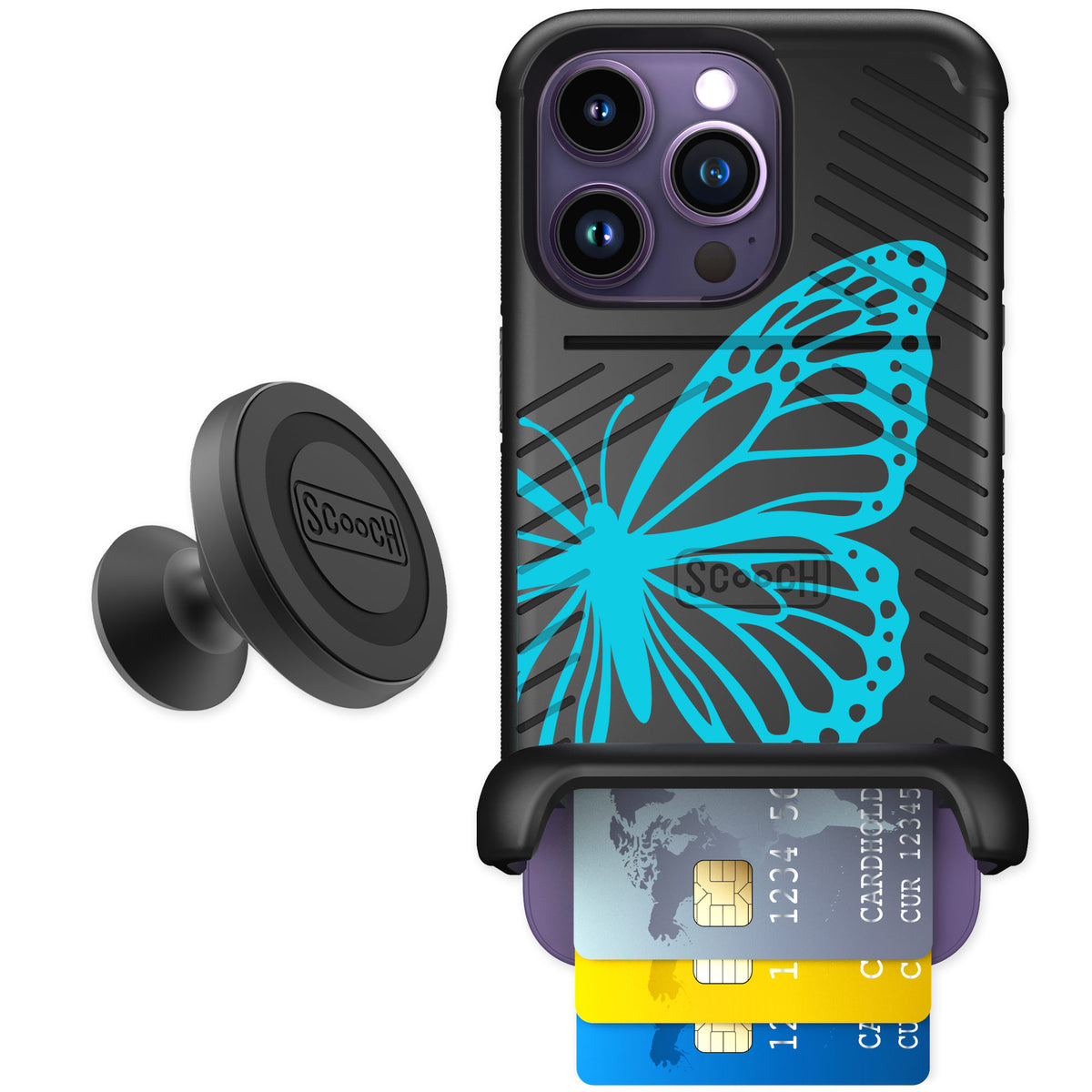 Scooch Wingmate Azure Butterfly for iPhone 14 Pro — Starter Bundle
