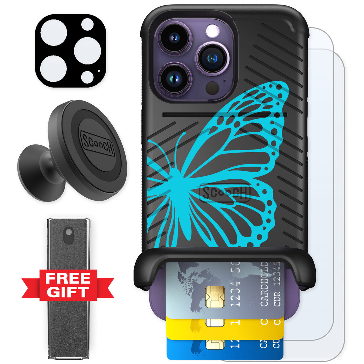 Scooch Wingmate Azure Butterfly for iPhone 14 Pro — Defender Bundle