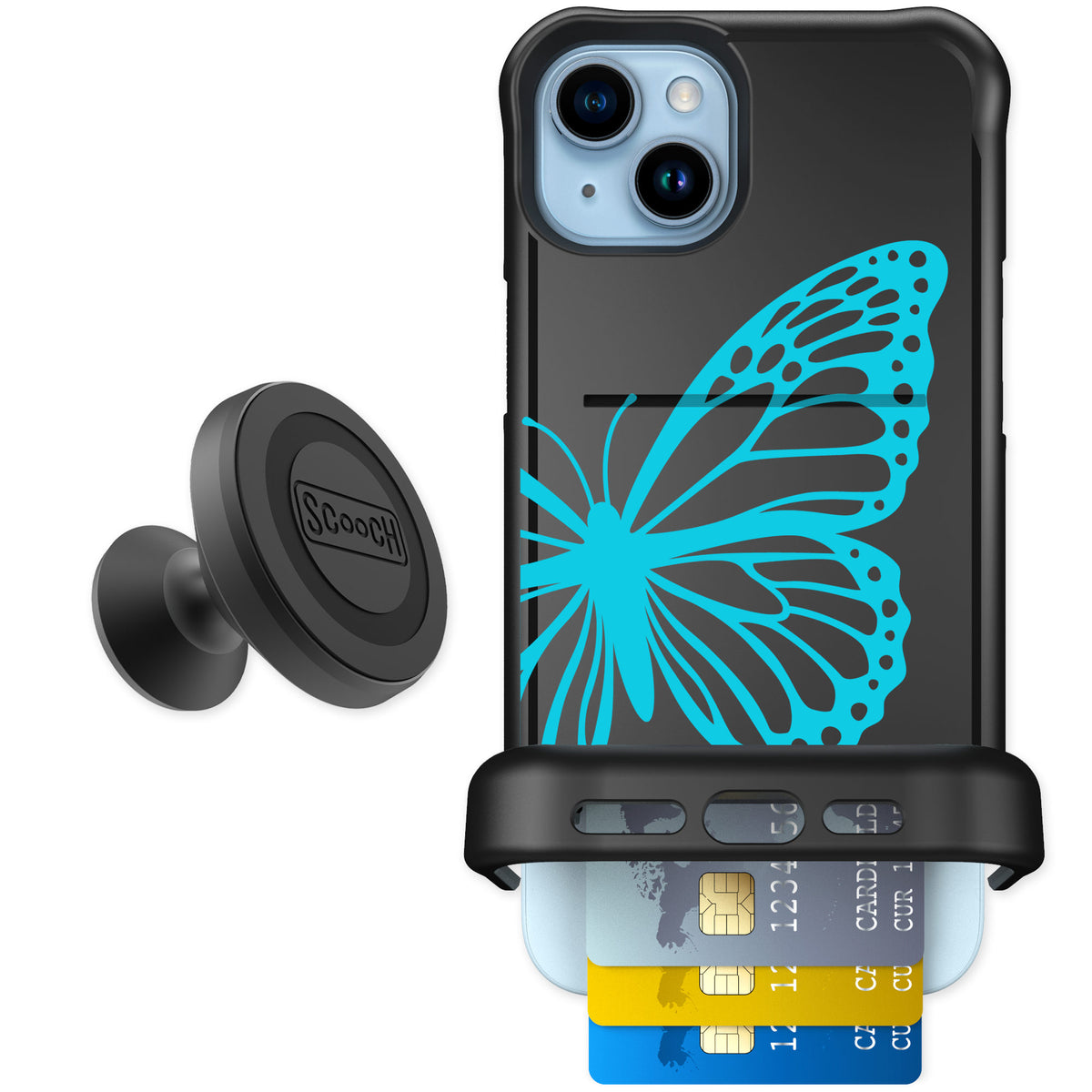 Scooch Wingmate Azure Butterfly for iPhone 14 Plus — Starter Bundle