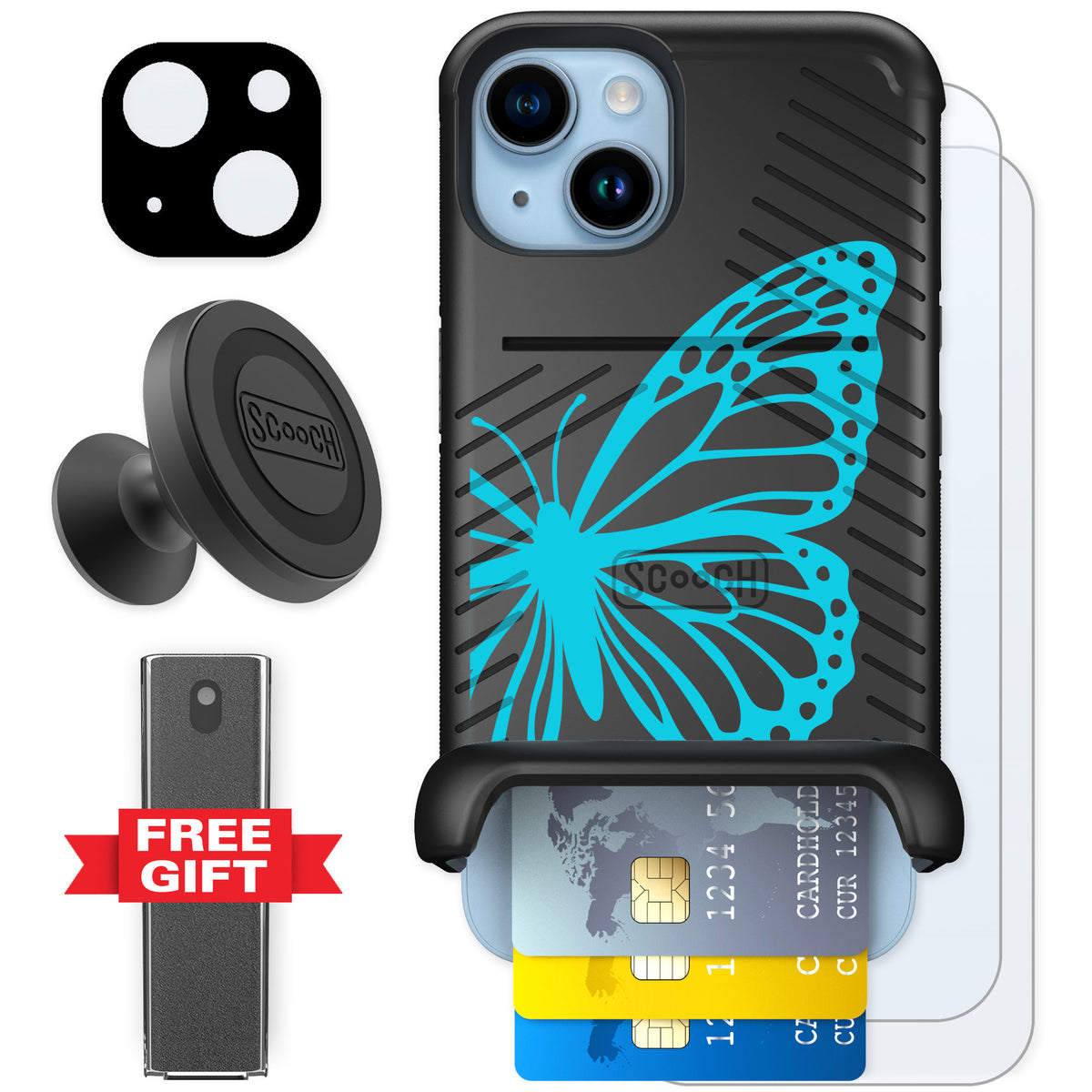 Scooch Wingmate Azure Butterfly for iPhone 14 — Defender Bundle