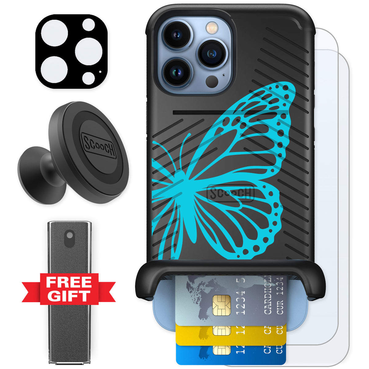 Scooch Wingmate Azure Butterfly for iPhone 13 Pro Max — Defender Bundle