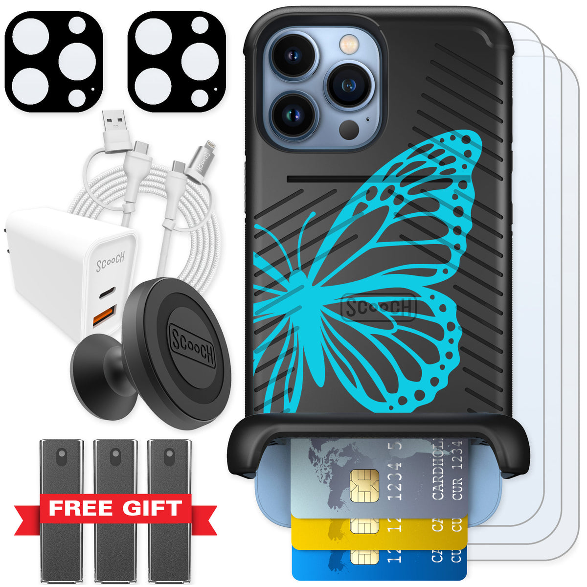 Scooch Wingmate Azure Butterfly for iPhone 13 Pro Max — Ultimate Bundle