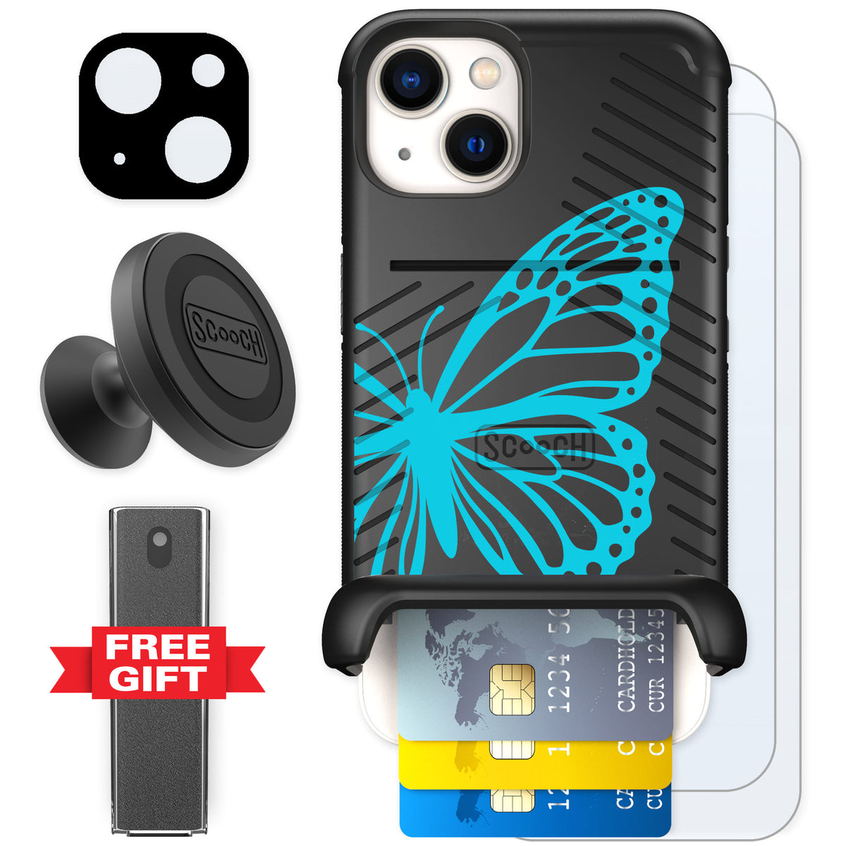 Scooch Wingmate Azure Butterfly for iPhone 13 — Defender Bundle