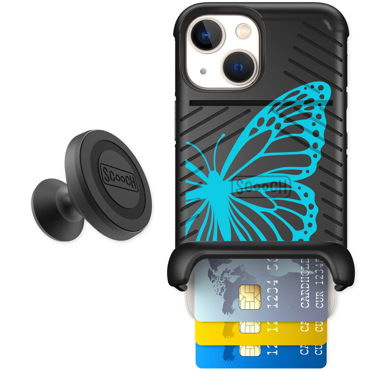 Scooch Wingmate Azure Butterfly for iPhone 13 mini — Starter Bundle