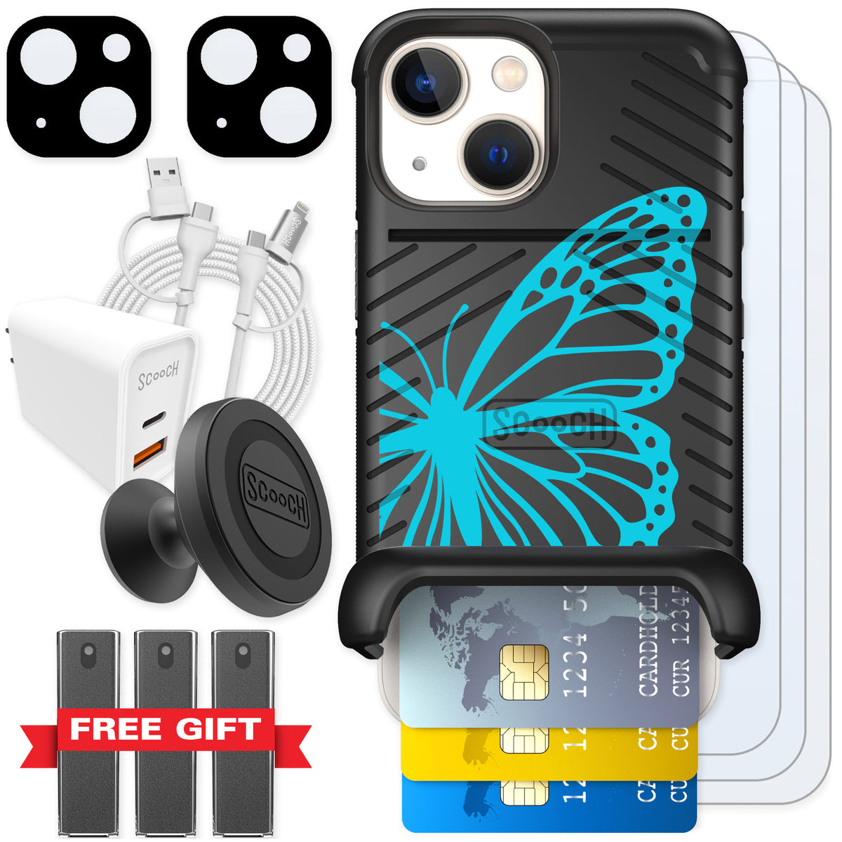 Scooch Wingmate Azure Butterfly for iPhone 13 mini — Ultimate Bundle