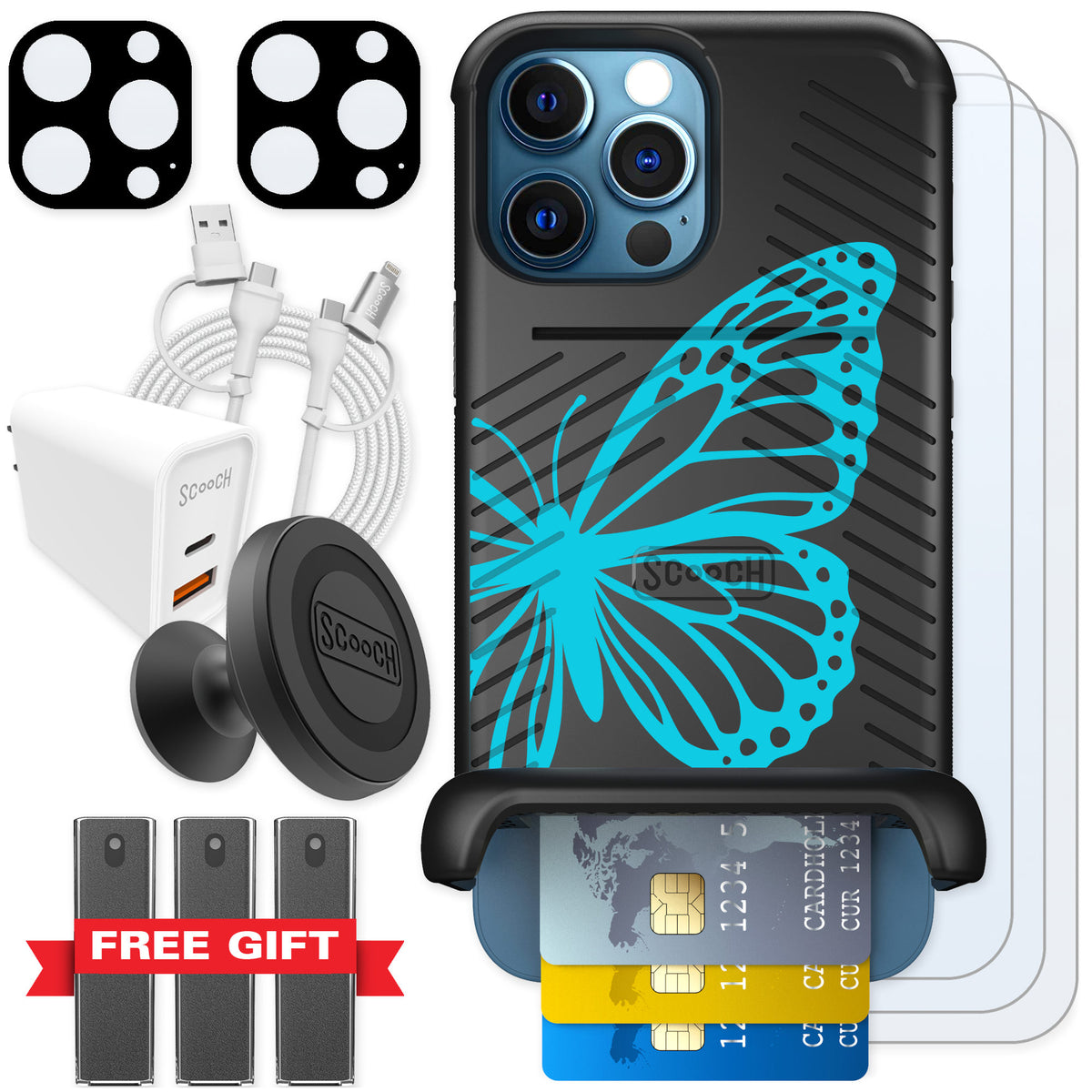 Scooch Wingmate Azure Butterfly for iPhone 12 Pro — Ultimate Bundle